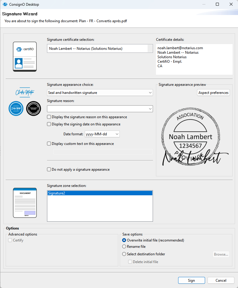 Signing a document - Notarius Support